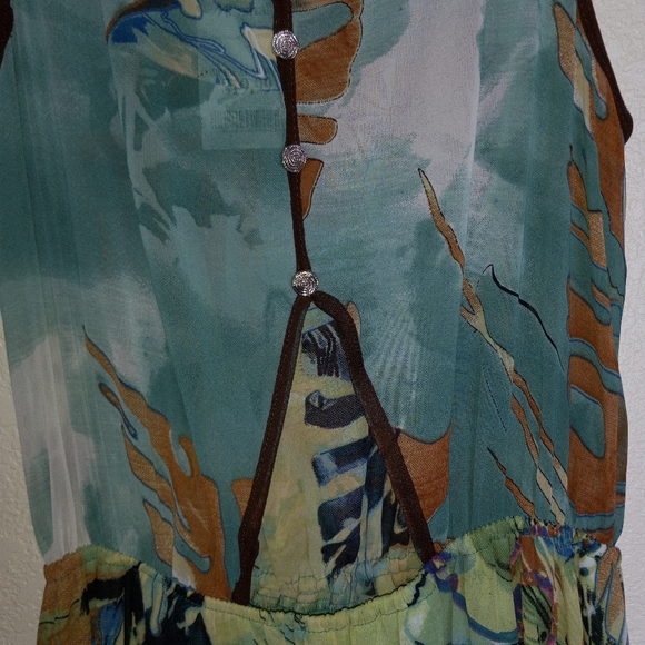 Fun and flirt summer dress M aqua multicolor/ Brown trim NWTS poly open back - Picture 6 of 9